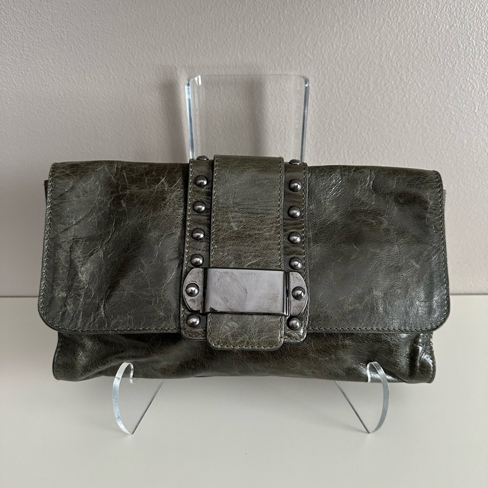 NICOLE FARHI Olive Leather Studded clutch